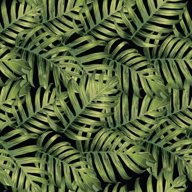 Palm Monstera Kusursuz Düzen. Yeşil Siyah Tropikal Yaz Arkaplanı. Plaj Ormanı Mayo Tasarımı Yaprakları. Lei Uyum. Retro Hawai baskısı. Egzotik doku. Botanik döşemesi.