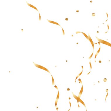 Altın kurdeleli konfeti. Parıldıyor. Bokeh geçmişi. Soyut altın odaklı yıldönümü davetiye şablonu. Düğün altın kurdeleleri. Düşen soyut ışıltı. Patlama kutlama kartı