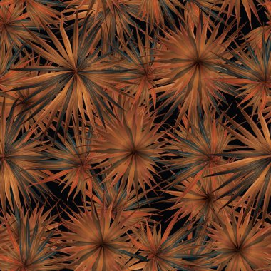 Palm Monstera Kusursuz Düzen. Turuncu Siyah Tropikal Yaz Arkaplanı. Plaj Ormanı Mayo Tasarımı Yaprakları. Lei Uyum. Retro Hawai baskısı. Egzotik doku. Botanik döşemesi.