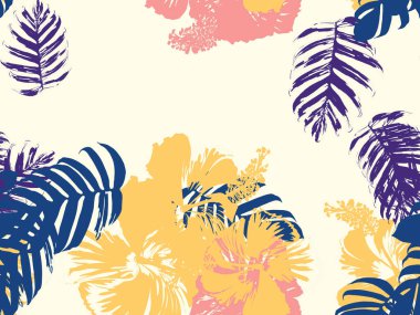 Tropikal arka plan. Yeşil, pembe, kırmızı, sarı canavar, amber çiçeği, avuç içi vektör elementleri. Hawaii egzotik kapak şablonu. Yaz botanik arka planı. Tropik çiçekli orman dokusuna sahip klasik bir iz..