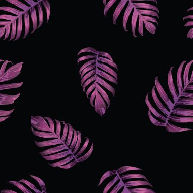 Palm Monstera Kusursuz Düzen. Siyah Pembe Tropik Yaz Arkaplanı. Plaj Ormanı Mayo Tasarımı Yaprakları. Lei Uyum. Retro Hawai baskısı. Egzotik doku. Botanik döşemesi.