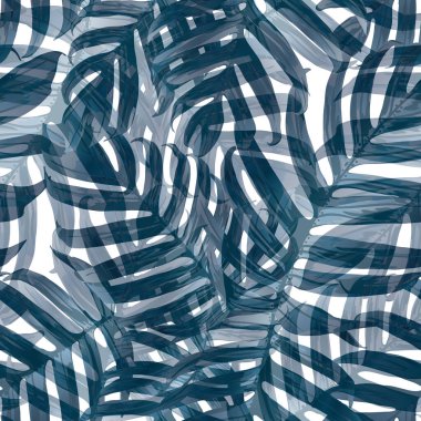 Palm Monstera Kusursuz Düzen. Mavi Siyah Tropikal Yaz Arkaplanı. Plaj Ormanı Mayo Tasarımı Yaprakları. Lei Uyum. Klasik Hawai baskısı. Egzotik doku. Botanik döşemesi.