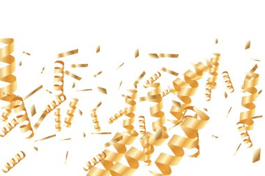 Altın kurdeleli konfeti. Parıldıyor. Bokeh dokusu. Soyut altın odaklı yıldönümü davetiye şablonu. Düğün altın çıngıraklı yılanlar. Düşen soyut ışıltı. Patlama kutlama kartı