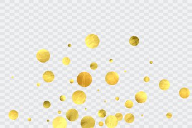 Yuvarlak altın konfetisi. Geçmişi kutlayın. Şeffaf fon üzerinde altın parıltılar ve noktalar. Noel partisi davetiye şablonu. Düşen altın konfetileri. Parıldayan arkaplan. 