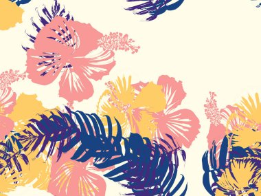 Tropikal arka plan. Yeşil, pembe, kırmızı, sarı canavar, amber çiçeği, avuç içi vektör elementleri. Hawaii egzotik kapak şablonu. Yaz botanik arka planı. Tropik çiçekli orman dokusuna sahip klasik bir iz..