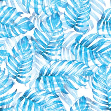 Palm Monstera Kusursuz Düzen. Mavi Beyaz Tropikal Yaz Arkaplanı. Plaj Ormanı Mayo Tasarımı Yaprakları. Lei Uyum. Retro Hawai baskısı. Egzotik doku. Botanik fayansları.
