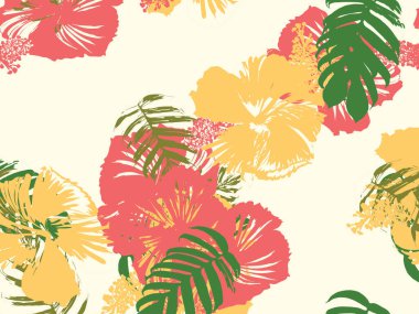 Tropikal arka plan. Yeşil, pembe, kırmızı, sarı canavar, amber çiçeği, avuç içi vektör elementleri. Hawaii egzotik kapak şablonu. Yaz botanik arka planı. Tropik çiçekli orman dokusuna sahip klasik bir iz..