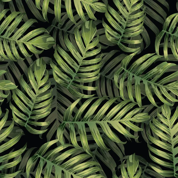 Palm Monstera Kusursuz Düzen. Yeşil Siyah Tropikal Yaz Arkaplanı. Plaj Ormanı Mayo Tasarımı Yaprakları. Lei Uyum. Klasik Hawai baskısı. Egzotik doku. Botanik döşemesi.