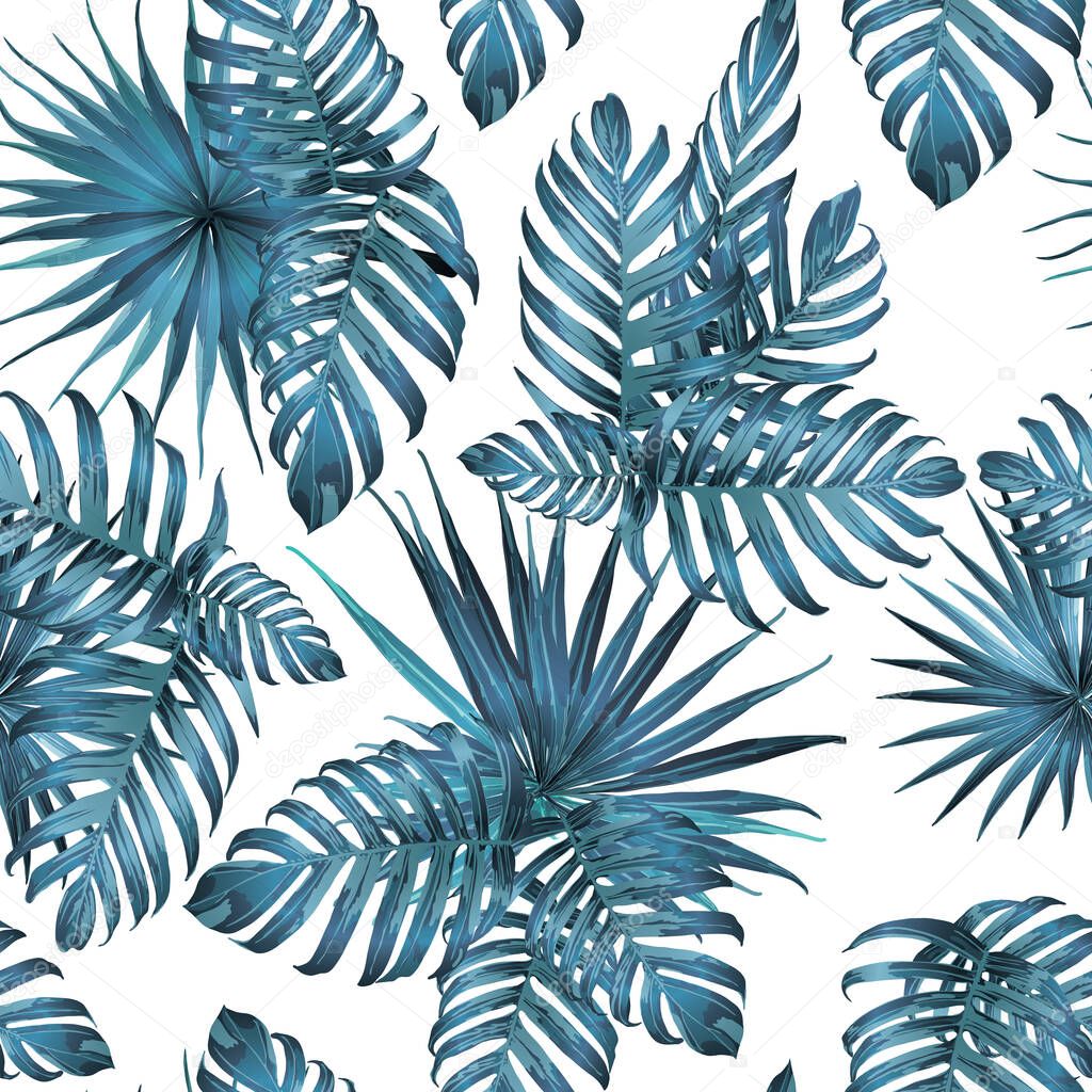Palm Monstera Seamless Pattern. Blue White Tropical Summer Background. Beach Jungle Leaves for Swimwear Design. Lei Rapport. Vintage Hawaiian Print. Exotic Texture. Botanic tile.