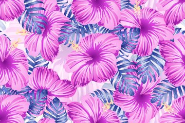 Tropikal desen. Kırmızı pembe egzotik yaz çiçeği vektör arkaplanı. Güzellik fasyonu canavarı, palmiye yaprakları ve amber çiçekleri. Hawaii tropik ormanı sonsuz iz. Doğal mayo tasarımı.