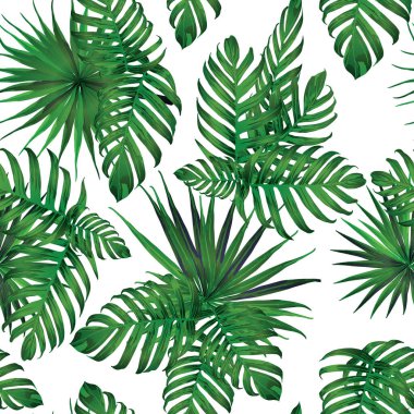 Palm Monstera Kusursuz Düzen. Beyaz Yeşil Tropikal Yaz Arkaplanı. Plaj Ormanı Mayo Tasarımı Yaprakları. Lei Uyum. Retro Hawai baskısı. Egzotik doku. Botanik fayansları.