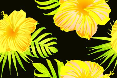 Sarı egzotik desen. Canavar ve amber çiçekleri tropik buket. Doymuş büyük çiçekli mayo izi. Yatay romantik vahşi vektör egzotik fayans. Güzel bahar botanik tasarımı.