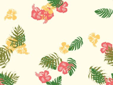 Tropikal arka plan. Yeşil, pembe, kırmızı, sarı canavar, amber çiçeği, avuç içi vektör elementleri. Hawaii egzotik kapak şablonu. Yaz botanik arka planı. Tropik çiçekli orman dokusuna sahip klasik bir iz..