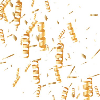  Altın konfetileri, kurdeleler. Parıldıyor. Bokeh geçmişi. Soyut altın yıldönümü davetiye şablonu. Düğün konsepti kartı. Uçan soyut parçacıklar. Patlama kutlama kartı.