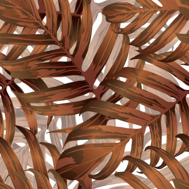 Palm Monstera Kusursuz Düzen. Turuncu Beyaz Tropikal Yaz Arkaplanı. Plaj Ormanı Mayo Tasarımı Yaprakları. Lei Uyum. Klasik Hawai baskısı. Egzotik doku. Botanik fayansları.