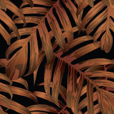 Palm Monstera Kusursuz Düzen. Turuncu Siyah Tropikal Yaz Arkaplanı. Plaj Ormanı Mayo Tasarımı Yaprakları. Lei Uyum. Klasik Hawai baskısı. Tropik Tekstil dokusu. Botanik fayansları.