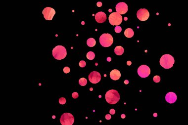 Kırmızı konfeti arka planı. Düşen gül ışıltısı. Davetiye, düğün, doğum günü, Noel kartı için grafiksel tasarım. Mutlu sürpriz fon. Soyut parçacıklar patlar. Vektör şablonu. 