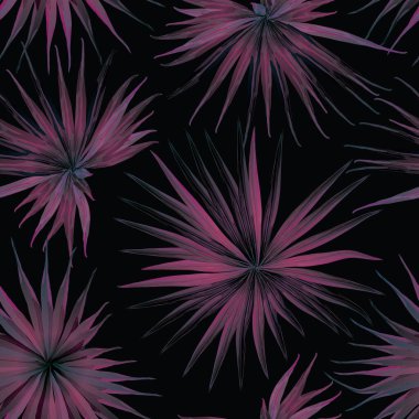 Palm Monstera Kusursuz Düzen. Magenta Tropik Yaz Arkaplanı. Plaj Ormanı Mayo Tasarımı Yaprakları. Lei Uyum. Retro Hawai baskısı. Tropik Tekstil dokusu. Botanik fayansları.