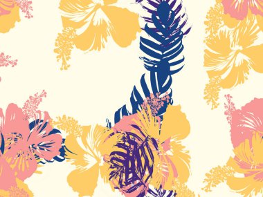 Tropikal arka plan. Yeşil, pembe, kırmızı, sarı canavar, amber çiçeği, avuç içi vektör elementleri. Hawaii egzotik kapak şablonu. Yaz botanik arka planı. Tropik çiçekli orman dokusuna sahip klasik bir iz..