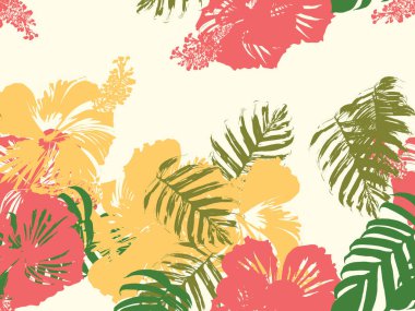 Tropikal arka plan. Yeşil, pembe, kırmızı, sarı canavar, amber çiçeği, avuç içi vektör elementleri. Hawaii egzotik kapak şablonu. Yaz botanik arka planı. Tropik çiçekli orman dokusuna sahip klasik bir iz..