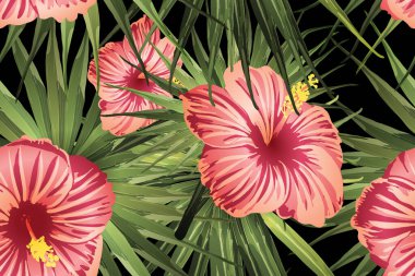 Yeşil kırmızı egzotik desen. Canavar yaprakları ve amber çiçekleri yaz baskısı. Hawaii tişörtü ve mayo fayansı. Yatay romantik vahşi vektör egzotik fayans. Güzel bahar botanik tasarımı.