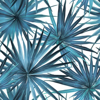 Palm Monstera Kusursuz Düzen. Mavi Beyaz Tropikal Yaz Arkaplanı. Plaj Ormanı Mayo Tasarımı Yaprakları. Lei Uyum. Klasik Hawai baskısı. Tropik Tekstil dokusu. Botanik fayansları.