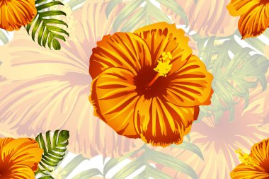 Tropikal desen. Turuncu yeşil egzotik yaz çiçeği vektör arka planı. Güzellik fasyonu canavarı, palmiye yaprakları ve amber çiçekleri. Hawaii tropik ormanı sonsuz iz. Doğal mayo tasarımı.