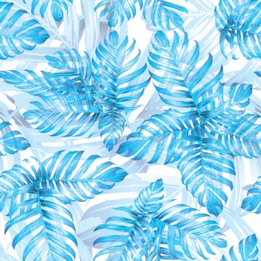 Palm Monstera Kusursuz Düzen. Indigo Tropik Yaz Arkaplanı. Plaj Ormanı Mayo Tasarımı Yaprakları. Lei Uyum. Retro Hawai baskısı. Egzotik doku. Botanik fayansları.