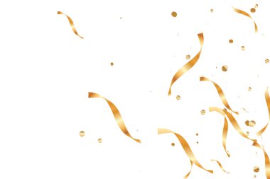  Altın konfetileri, kurdeleler. Parıldıyor. Bokeh geçmişi. Soyut altın yıldönümü davetiye şablonu. Düğün konsepti kartı. Uçan soyut parçacıklar. Patlama kutlama kartı.