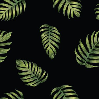 Palm Monstera Kusursuz Düzen. Yeşil Siyah Tropikal Yaz Arkaplanı. Plaj Ormanı Mayo Tasarımı Yaprakları. Lei Uyum. Retro Hawai baskısı. Egzotik doku. Botanik fayansları.