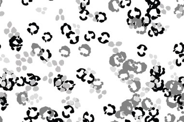 Leopar siyah, beyaz, gri vektör arkaplan. Mürekkeple çizilmiş hayvan kamuflajı. Leopar desenli yaz arkaplanı. Doymuş kabile baskısı. Minimum geometrik Afrikalı kaplama şablonu. İzole edilmiş siluet.