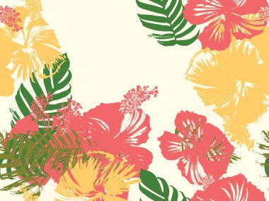 Tropikal arka plan. Yeşil, pembe, kırmızı, sarı canavar, amber çiçeği, avuç içi vektör elementleri. Hawaii egzotik kapak şablonu. Yaz botanik arka planı. Tropik çiçekli orman dokusuna sahip klasik bir iz..