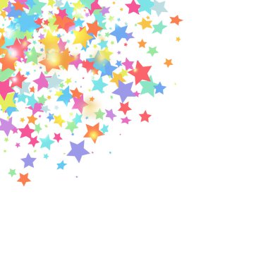 Beyaz arka planda yeşil, kırmızı, sarı, pembe yıldız konfetileri. Uçan parlak parçacıklar. Soyut vektör renkli konfeti. Doğum günü partisi arka planı. Noel kartı şablonu