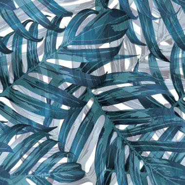 Palm Monstera Kusursuz Düzen. Mavi Beyaz Tropikal Yaz Arkaplanı. Plaj Ormanı Mayo Tasarımı Yaprakları. Lei Uyum. Retro Hawai baskısı. Egzotik doku. Botanik fayansları.