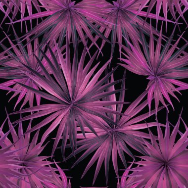 Palm Monstera Kusursuz Düzen. Siyah Pembe Tropik Yaz Arkaplanı. Plaj Ormanı Mayo Tasarımı Yaprakları. Lei Uyum. Retro Hawai baskısı. Egzotik doku. Botanik fayansları.