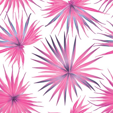 Palm Monstera Kusursuz Düzen. Beyaz Pembe Tropik Yaz Arkaplanı. Plaj Ormanı Mayo Tasarımı Yaprakları. Lei Uyum. Retro Hawai baskısı. Egzotik doku. Botanik fayansları.