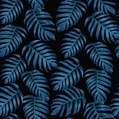 Palm Monstera Kusursuz Düzen. Indigo Tropik Yaz Arkaplanı. Plaj Ormanı Mayo Tasarımı Yaprakları. Lei Uyum. Retro Hawai baskısı. Tropik Tekstil dokusu. Botanik döşemesi.