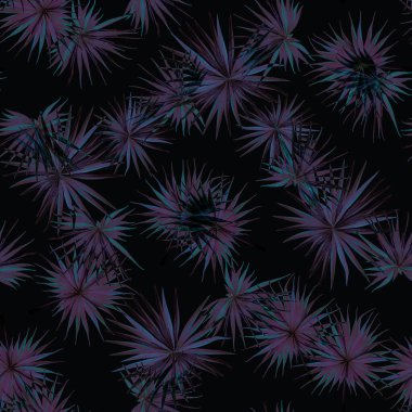 Palm Monstera Kusursuz Düzen. Mavi Siyah Tropikal Yaz Arkaplanı. Plaj Ormanı Mayo Tasarımı Yaprakları. Lei Uyum. Retro Hawai baskısı. Tropik Tekstil dokusu. Botanik fayansları.