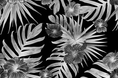 Siyah beyaz egzotik desen. Canavar yaprakları ve amber çiçekleri yaz baskısı. Hawaii tişörtü ve mayo fayansı. Yatay romantik vahşi vektör egzotik fayans. Aşırı doğal botanik tasarımı.