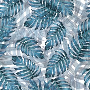 Palm Monstera Kusursuz Düzen. Mavi Beyaz Tropikal Yaz Arkaplanı. Plaj Ormanı Mayo Tasarımı Yaprakları. Lei Uyum. Klasik Hawai baskısı. Egzotik doku. Botanik döşemesi.
