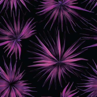 Palm Monstera Kusursuz Düzen. Siyah Pembe Tropik Yaz Arkaplanı. Plaj Ormanı Mayo Tasarımı Yaprakları. Lei Uyum. Retro Hawai baskısı. Egzotik doku. Botanik döşemesi.