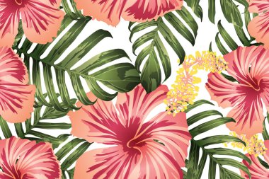 Yeşil kırmızı egzotik desen. Canavar yaprakları ve amber çiçekleri yaz baskısı. Doymuş büyük çiçekli mayo izi. Yatay Kaliforniya doğal doku tasarımı. Aşırı doğal botanik tasarımı.