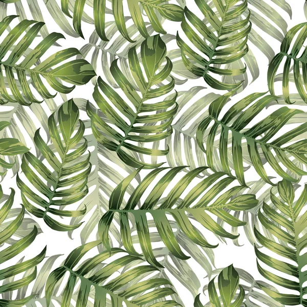 Palm Monstera Exotic Seamless Pattern 의줄임 말입니다 녹색의 백색의 Beach — 스톡 벡터