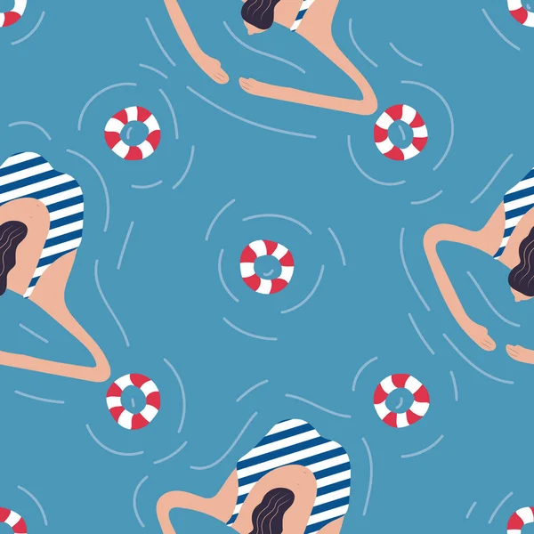 Zwemmers Het Zwembad Naadloos Patroon Zomer Vector Mensen Zwemkleding Gezonde — Stockvector