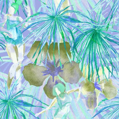 Yaz plajı deseni. Mayo giymiş insanlar egzotik palmiye, yaprak ve çiçeklerin arasında duruyorlar. Yeşil turkuaz parmak izi. Tropik Hawai suluboyası, pürüzsüz fayans. Bikini Miami, güneşlenen kızlar.. 