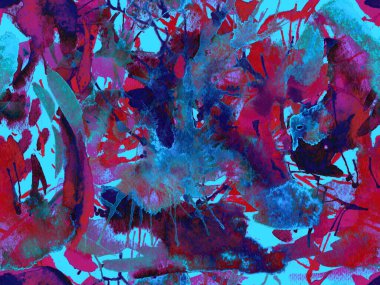 Sıvı, pürüzsüz desen. Mavi suluboya fırça darbesi grunge fayans. Suluboya soyut sıçrama boyası tasarımı. Elle çizilmiş mürekkep lekeleri. Toprak sıçrama deseni. Sıvı damlayan fırça sonsuz iz. 