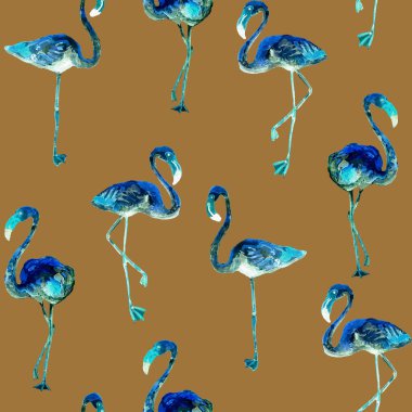 Flamingo deseni. Tropik yaz suluboya baskısı. Kuşlarla dolu egzotik bahar tekstil arka planı. Moda Hawai Ormanı tekrar eden pürüzsüz fayanslar. Modaya uygun botanik mayo tasarımı. Miami Vahşi Hayatı.