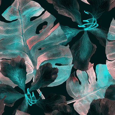 Tatil düzeni. Suluboya tropik çiçekler ve canavar yaprakları. Palm ve Hibiscus ormanları pürüzsüz. Bahar Hawaii suluboya geçmişi. Tropik palmiyeler, canavarlar, çiçek desenleri..