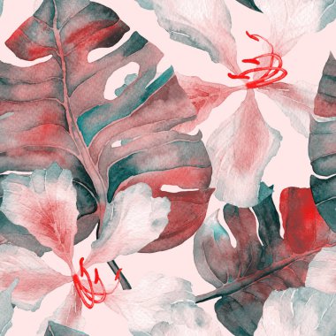 Pembe kırmızı egzotik desen. Suluboya tropic bırakır. Palmiye ve Hibiscus orman seamless modeli. Yaz hawaiian suluboya arka plan. Tropik avuç içi, monsteras, hibiscus çiçek yazdırma.