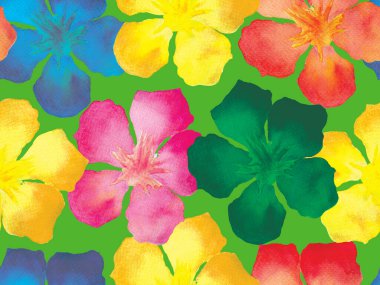 Hawaii suluboya deseni. Gökkuşağı çiçekli tropikal iz. Hibiscus ve zakkum Hawaii 'de. Aloha mayo tasarımı. Egzotik buket moda illüstrasyonu. Suluboya yatay fayans.